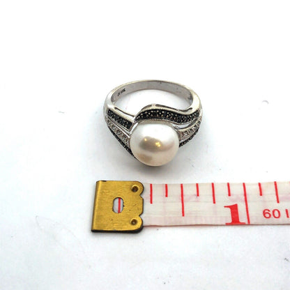 Designer JH 10K White Gold Round Pearl Black White Diamonds Statement Ring