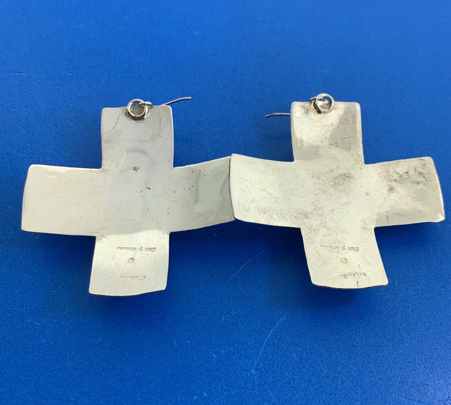 Navajo Ben J Chavez Sterling Silver Oval Carnelian Concho Cross Dangle Earrings