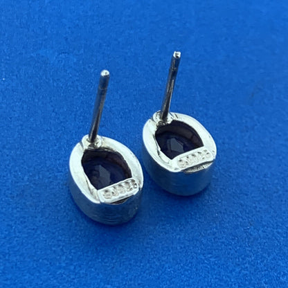 Designer SJ 925 Sterling Silver Oval Amethyst February Anniversary Stud Earrings