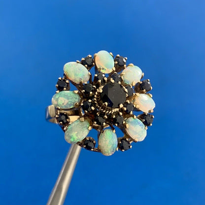 Estate 14K Yellow Gold Sapphire Opal Princess Empire Stacked Dome Cocktail Ring