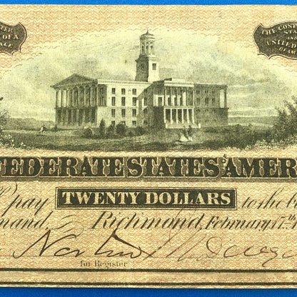 1864 $20 Twenty Dollars Confederate States of America CSA Last Issue T-67 Curren