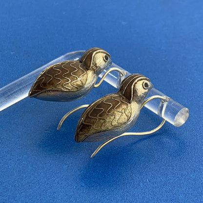 Antique Silver Cloisonne Enamel Quail Bird Dangle Hook Earrings