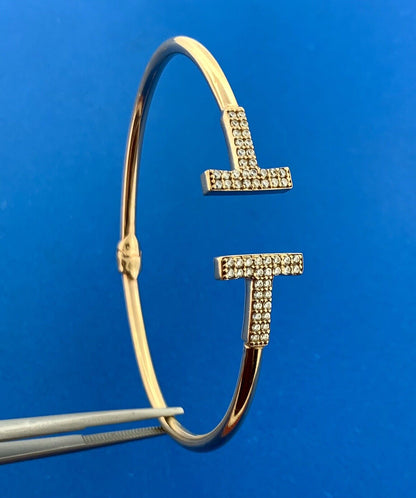Designer 18k Yellow Gold Cubic Zirconia CZ T Shaped Open Hinged Bangle Bracelet