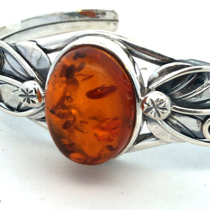 Vintage 925 Sterling Silver Oval Amber Leaves Nature Cuff Bracelet