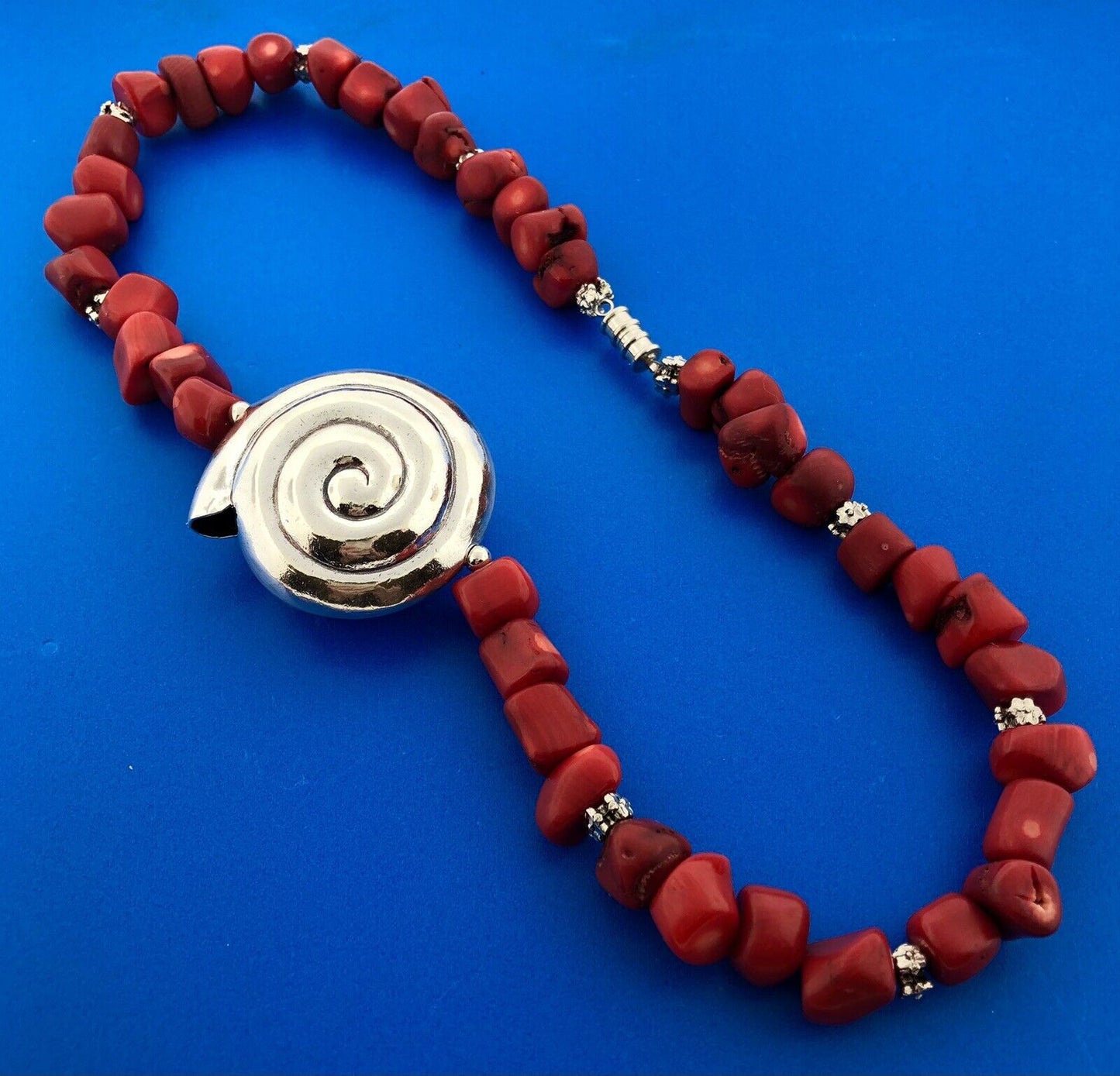 Estate 925 Sterling Silver Chunky Red Coral Snail Pendant Statement Necklace