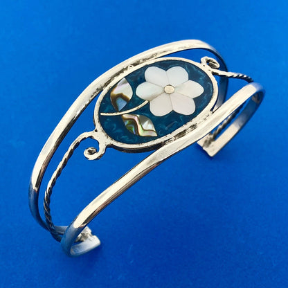 Alpaca Mexican Silver Plated Mother of Pearl Flower Inlay 6.25" Cuff Bracelet