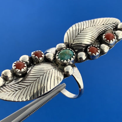 Lovely Sterling Silver 925 Cabochon Turquoise Coral Twin Leaf Finger Ring Size 8