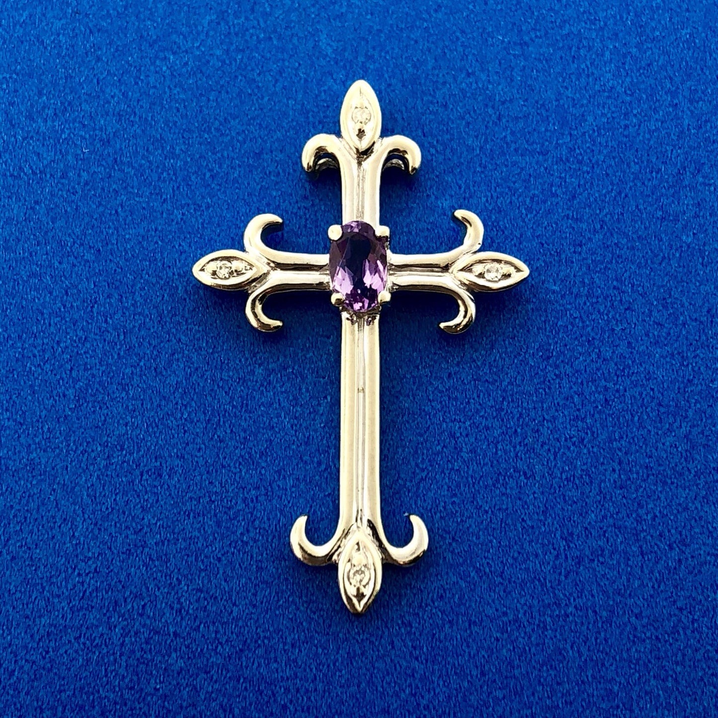 Designer 10K White Gold Amethyst Diamond Fleur De Lis Cross Religious Pendant