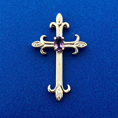 Designer 10K White Gold Amethyst Diamond Fleur De Lis Cross Religious Pendant