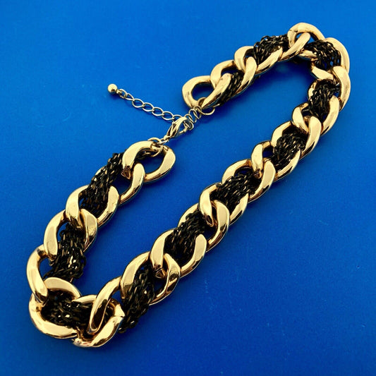 Ladies Gold Tone Curb Link Black Oval Cable Link Interwoven Statement Necklace