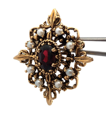 Vintage 14K Yellow Gold Oval Garnet Pearl Accented Statement Pendant
