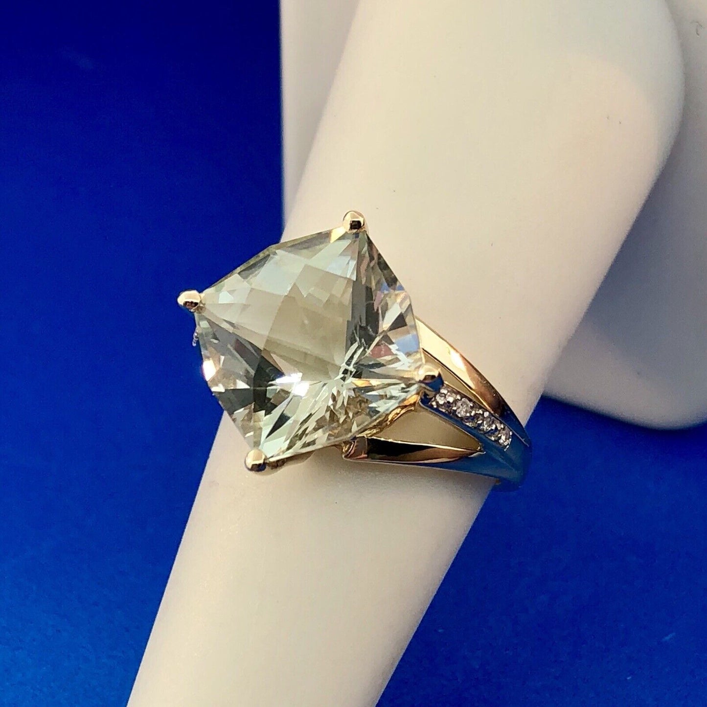 Designer 14K Yellow Gold Green Amethyst Prasiolite Diamond Accent Statement Ring