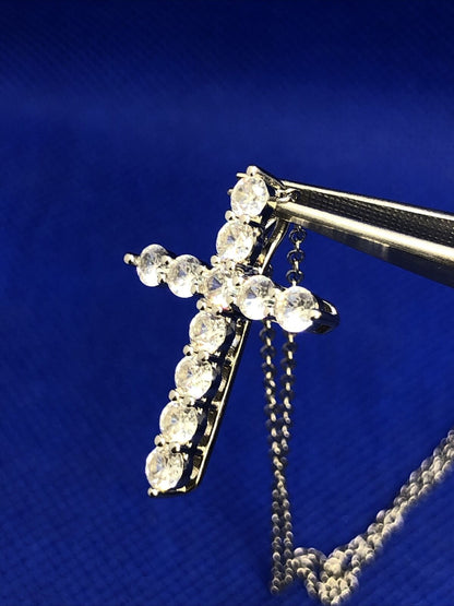 Estate Cubic Zirconia CZ Silver Tone Cross Pendant Necklace