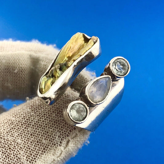 Stunning Sterling Silver 925 Abalone Shell Blue Topaz Moonstone Ring Size 7.5-9