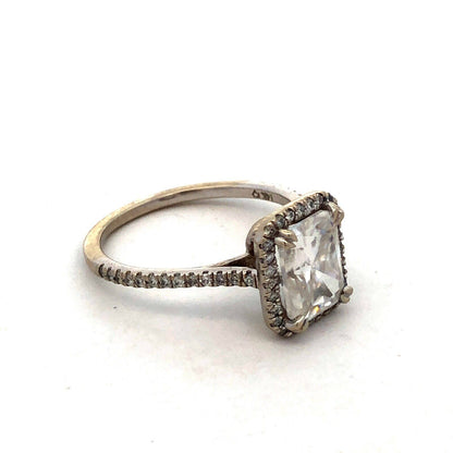 Designer 14K White Gold Emerald Cut Moissanite Halo Engagement Ring