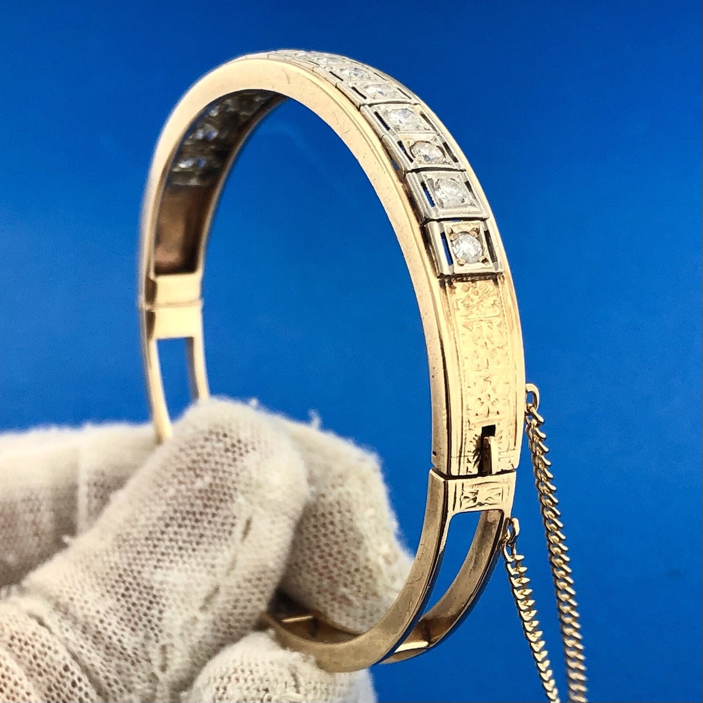 Art Deco Art Nouveaux 14K Yellow White Gold Diamond Ladder Hinged Cuff Bracelet