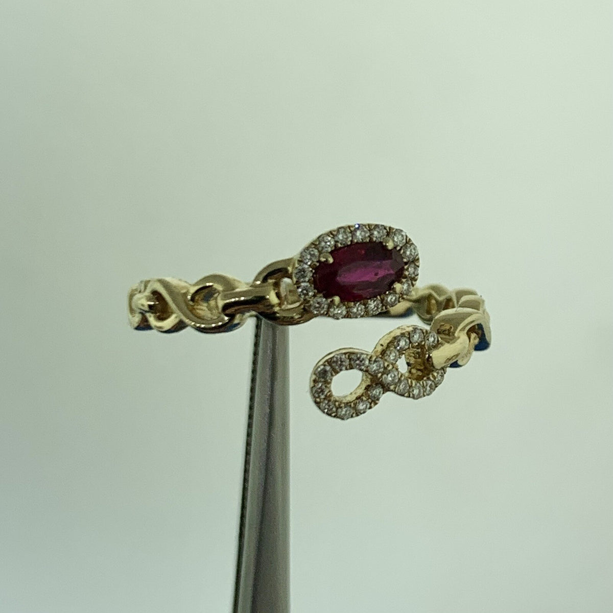 IZI Creations 14K Yellow Gold Oval Ruby Diamond Accented Open Band Bypass Ring