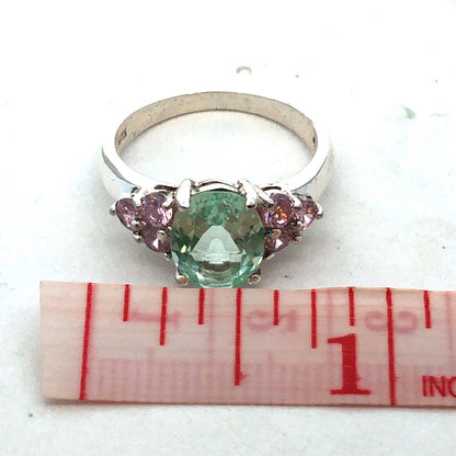 Designer HAN 925 Sterling Silver Oval Seyfoam Green Pink CZ Accent Cocktail Ring