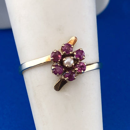 Vintage 14K Yellow Gold Ruby Pearl Flower Cluster July Sweetheart Bypass Ring