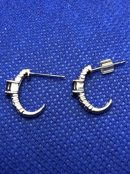 Black Onyx Diamond Accented 925 Sterling Silver Half Huggie Hoop Stud Earrings