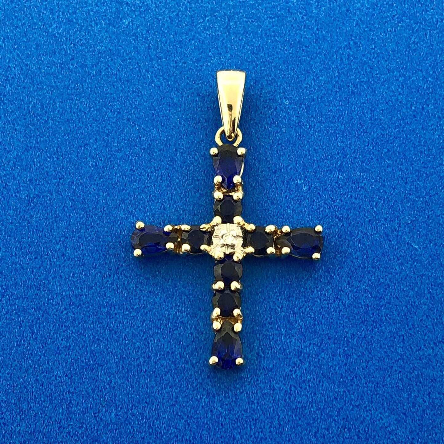 Gorgeous 10k Yellow Gold Blue Spinel Diamond Faith Religious Cross Pendant