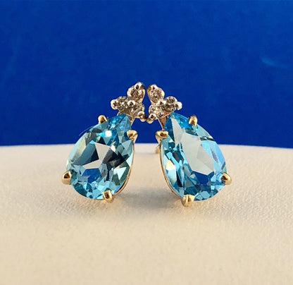 14K Yellow Gold Swiss Blue Topaz Diamond December Anniversary Pear Stud Earrings