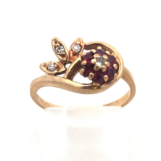 Vintage 10K Yellow Gold Ruby Diamond Free Form Rose Floral July Occasion Ring