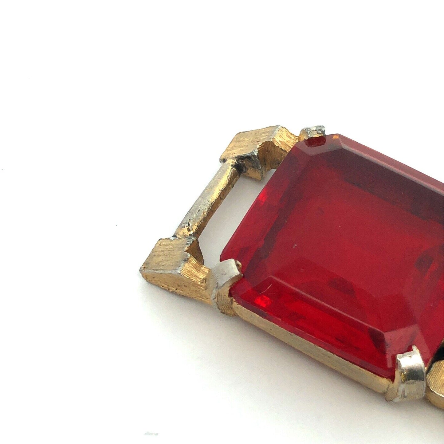 Chunky Funky 70's Runway Couture Gold Tone Square Red Glass Modernist Bracelet