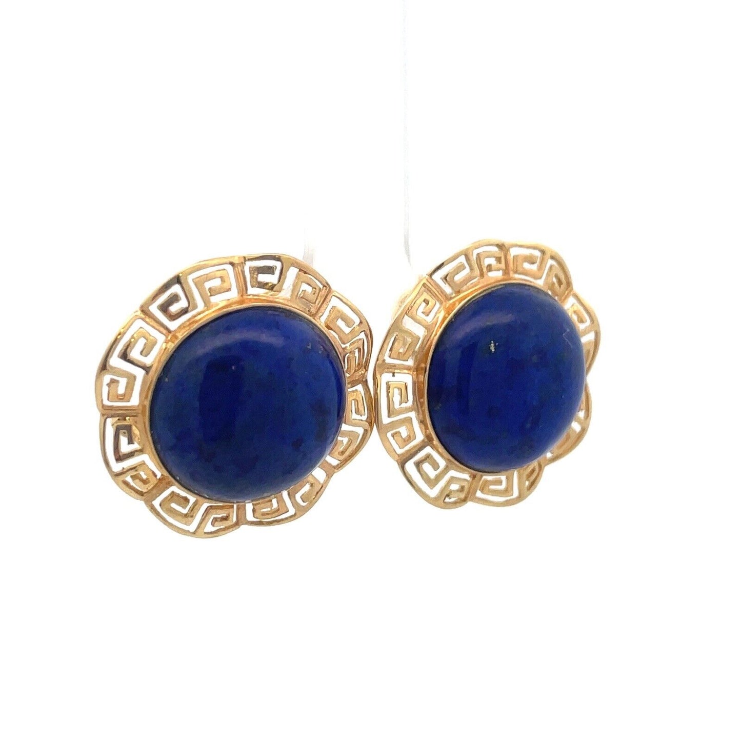 14K Yellow Gold Lapis Lazuli Cabochon Statement Omega Back Earrings