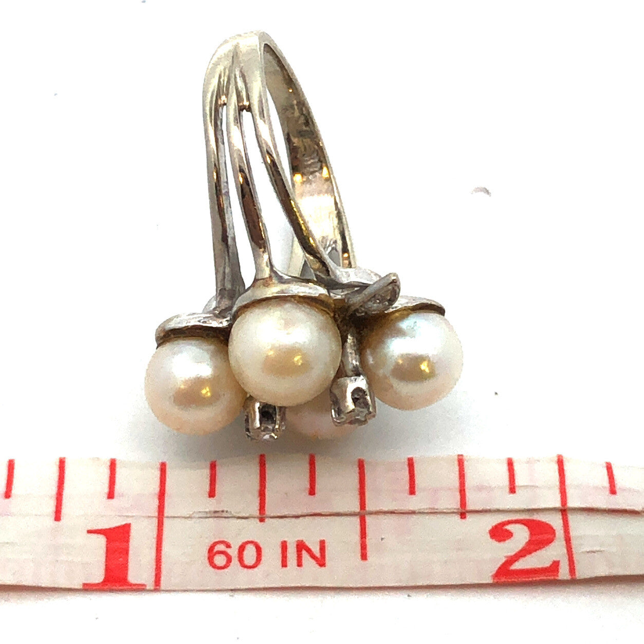 14K White Gold Pearl Diamond Cluster Bridal Anniversary Birthday Cocktail Ring