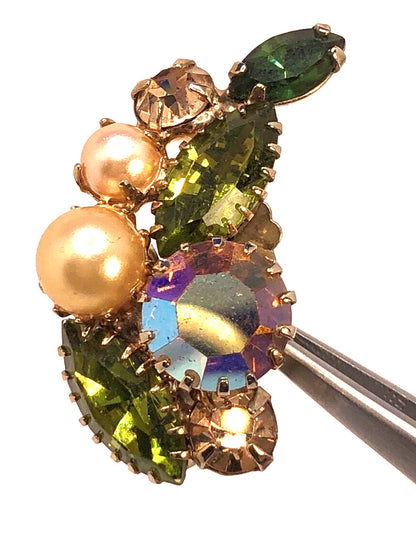 Mid Century Aurora Borealis Rhinestone Faux Pearl Statement Brooch & Earrings