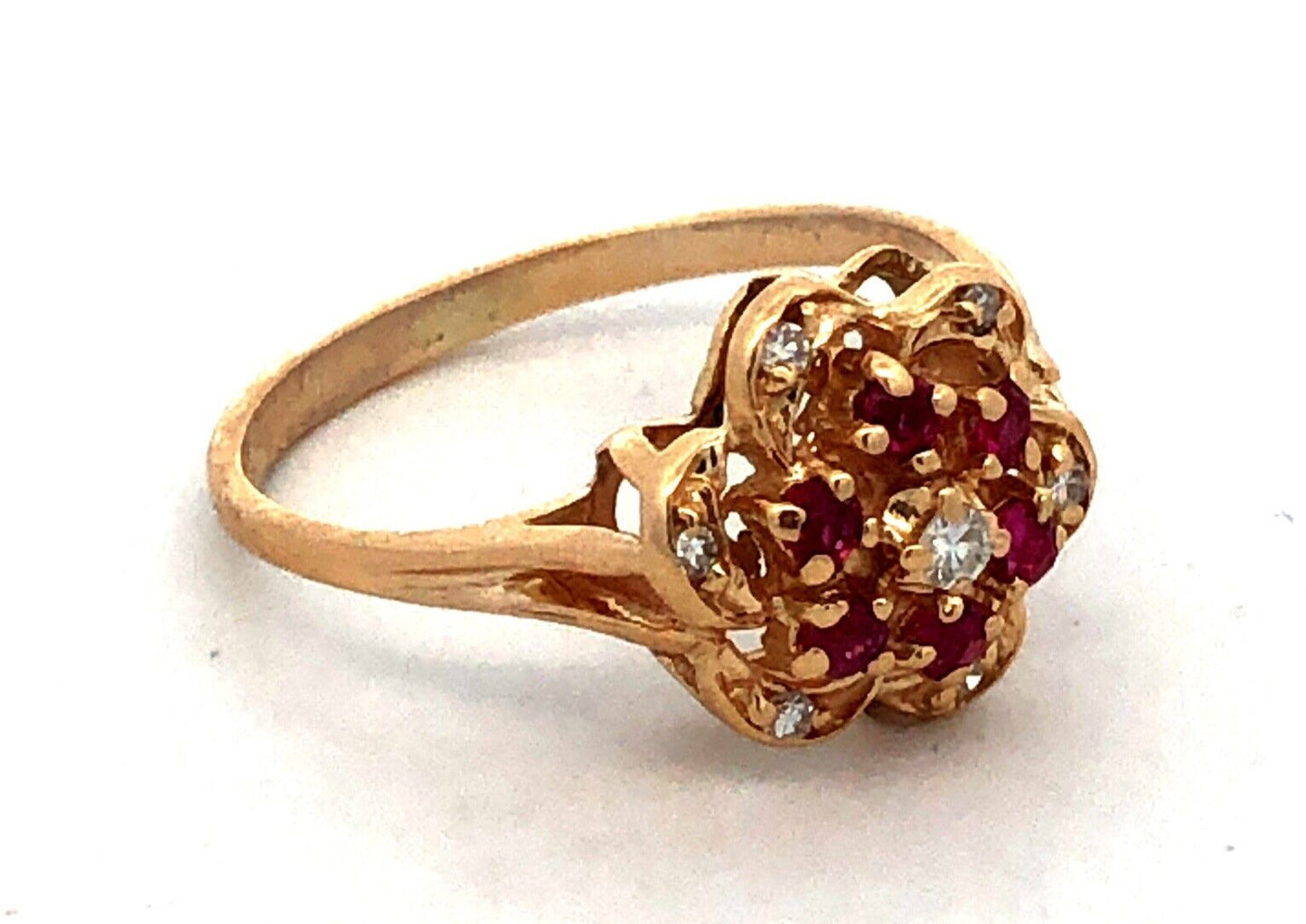 Designer HJW 14K Yellow Gold Round Diamond Ruby Flower Cocktail Ring