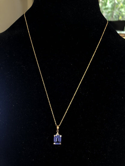 Designer 10K Yellow Gold Emerald Shaped Ceylon Sapphire Diamond Accent Necklace