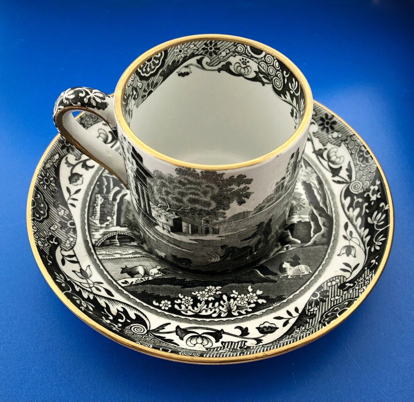 Spode England Woodland Black White Landscape Design Demitasse Cup W/Saucer 2 Pcs