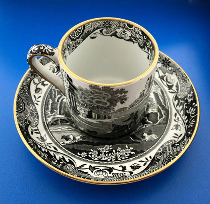 Spode England Woodland Black White Landscape Design Demitasse Cup W/Saucer 2 Pcs