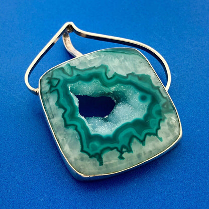 Stunning Sterling Silver 925 Blue Green Druzy Quartz Modernist Statement Pendant