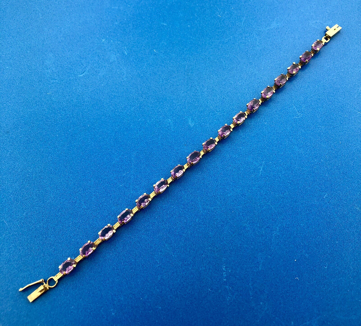 Vintage 10K Oval Amethyst Panel Bar Link February Anniversary Tennis Bracelet