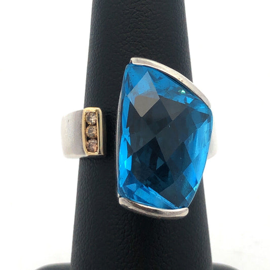 Custom 18K Yellow Gold 925 Blue Topaz Chocolate Diamond Modernist Cocktail Ring