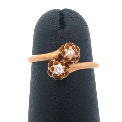 Vintage 10K Yellow Gold Diamond Pearl Bypass Sweetheart Promise Ring Size 3.4