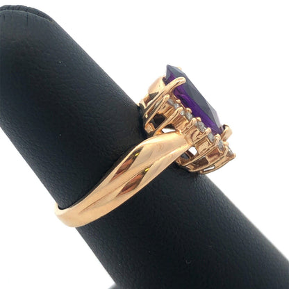 Gorgeous Modern 14k Yellow Gold Pear Cut Amethyst Diamond Accent Ring Size 5.75