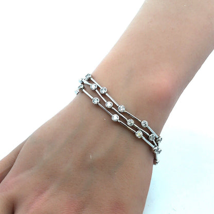 Designer FAS 925 Sterling Silver CZ Station Three Strand Bar Link Bracelet