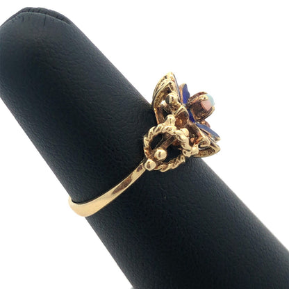 Vintage 14k Yellow Gold Opal and Blue Enamel Flower Ring