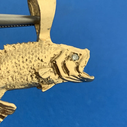 Vintage 14K Yellow Gold Diamond Open Mouth Koi Bass Fish Statement Pendant