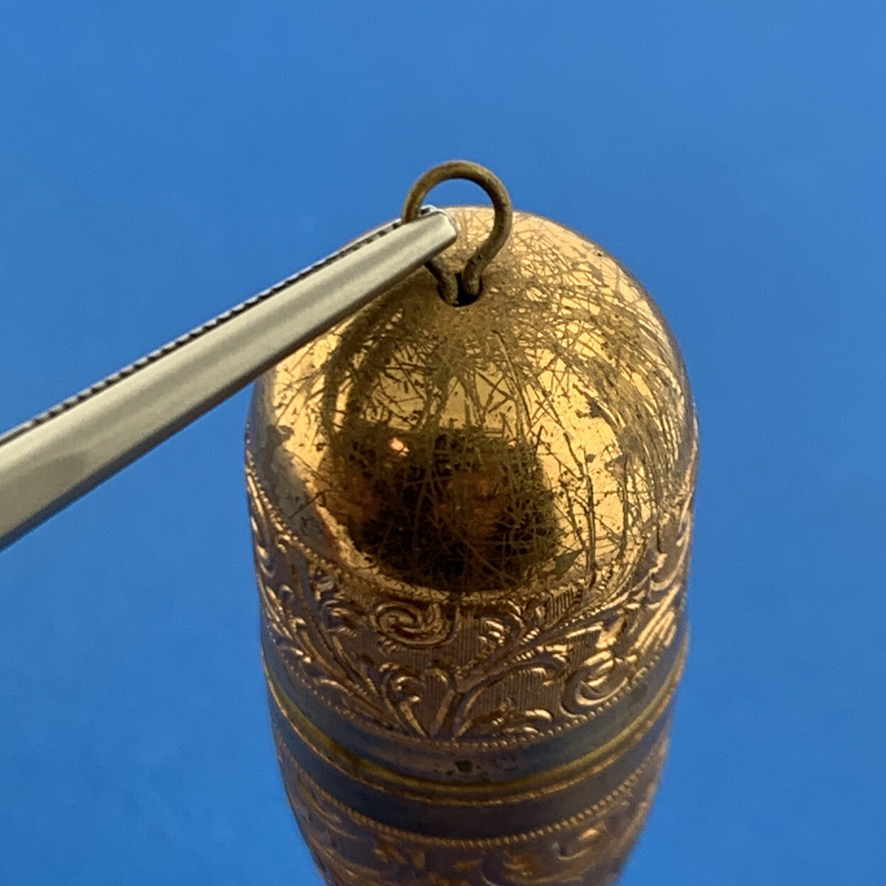 Antique German Germany Guilloche Floral Scroll Gold Tone Pendant Sewing Kit