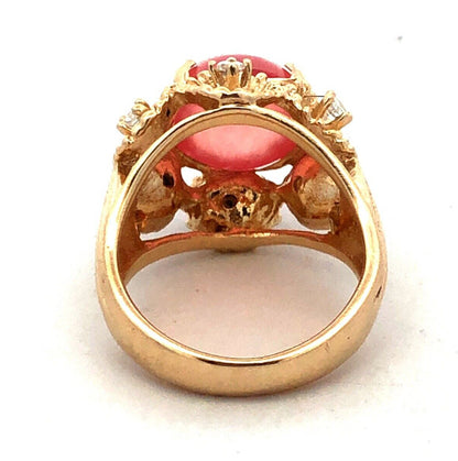 Vintage 14K Yellow Gold Round Morganite Diamond Flower Dome Cocktail Ring