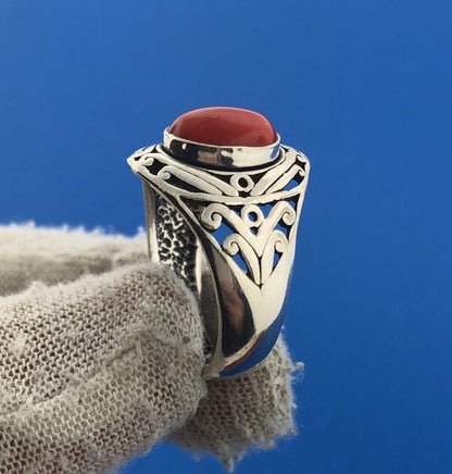 Designer MG Sterling Silver 925 Oval Coral Open Scroll Statement Cocktail Ring