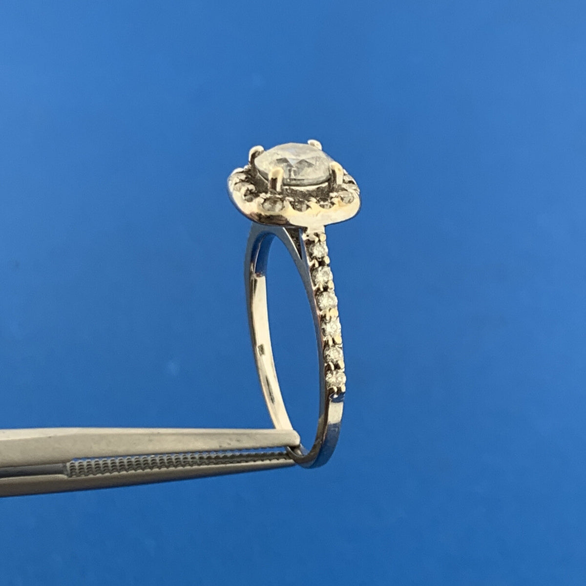 Designer 14K White Gold Diamond Solitaire Halo Accented Sz 6.25 Engagement Ring