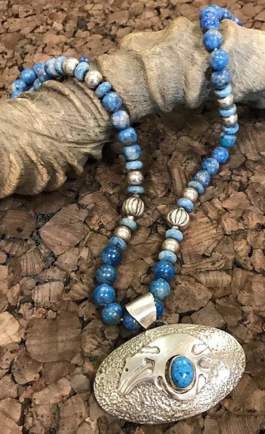 Vintage Native American Sterling Silver 925 Lapis Lazuli Bead Concho Necklace