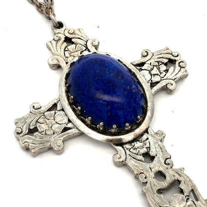 Vintage Silver Tone Lapis Lazuli Floral Scroll Dramatic Statement Cross Necklace