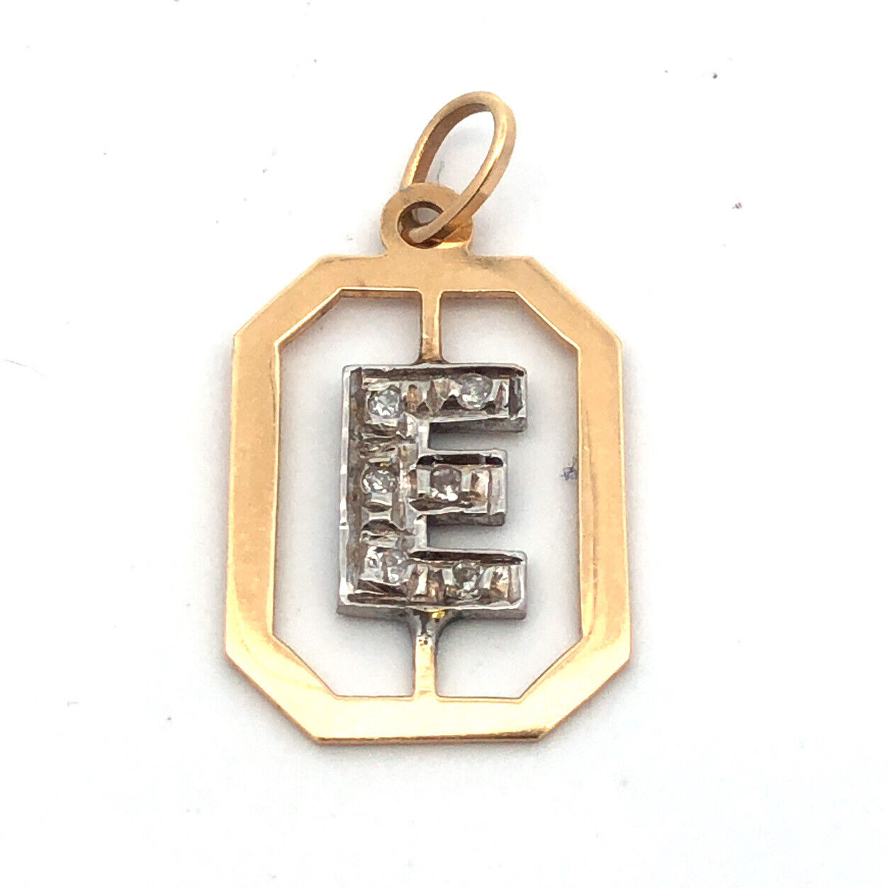 Estate 14K Yellow White Gold Round Diamond Letter Initial E Monogram Pendant